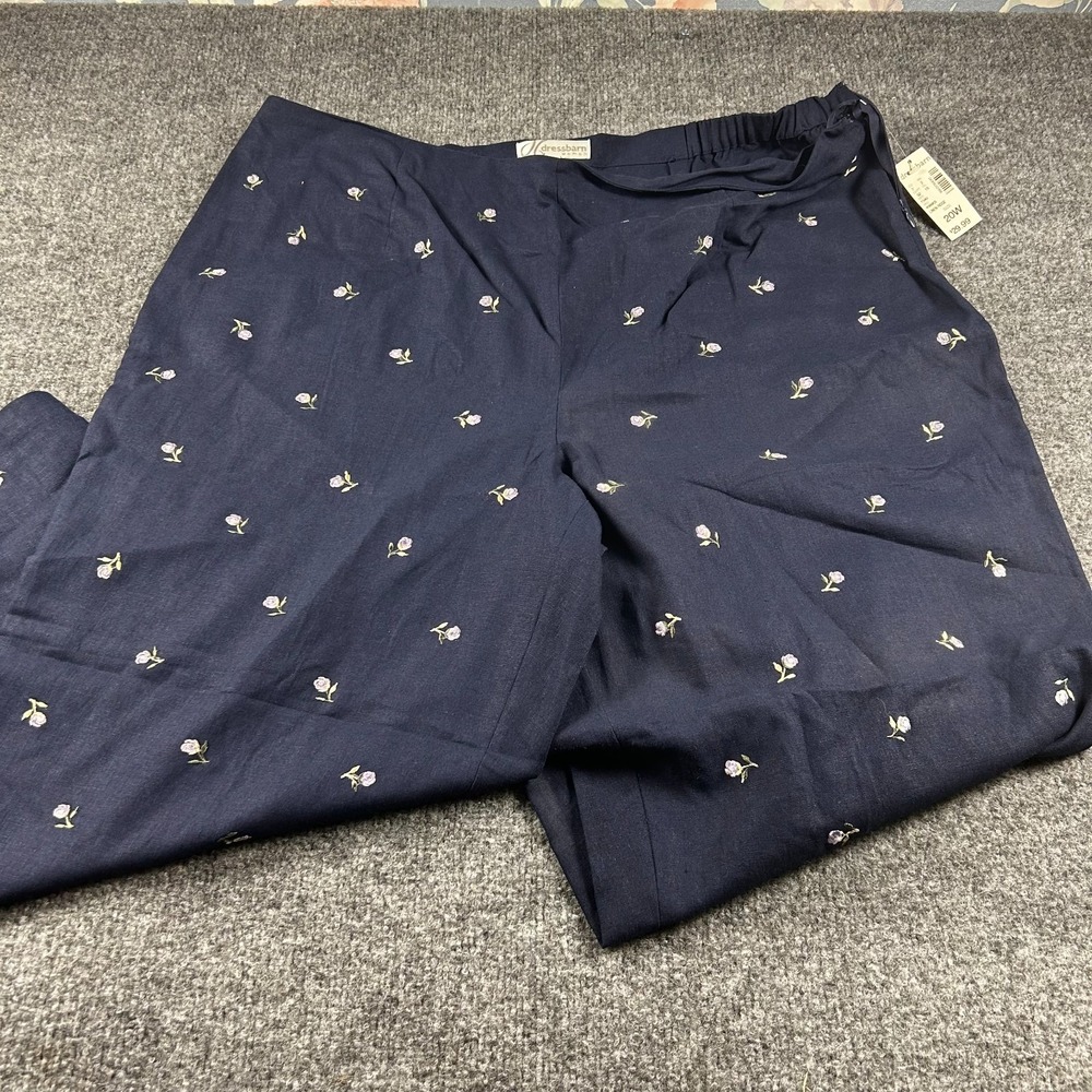 NWT Dressbarn Woman Pants 20W Navy Blue Linen Rayon Blend Embroidered Floral